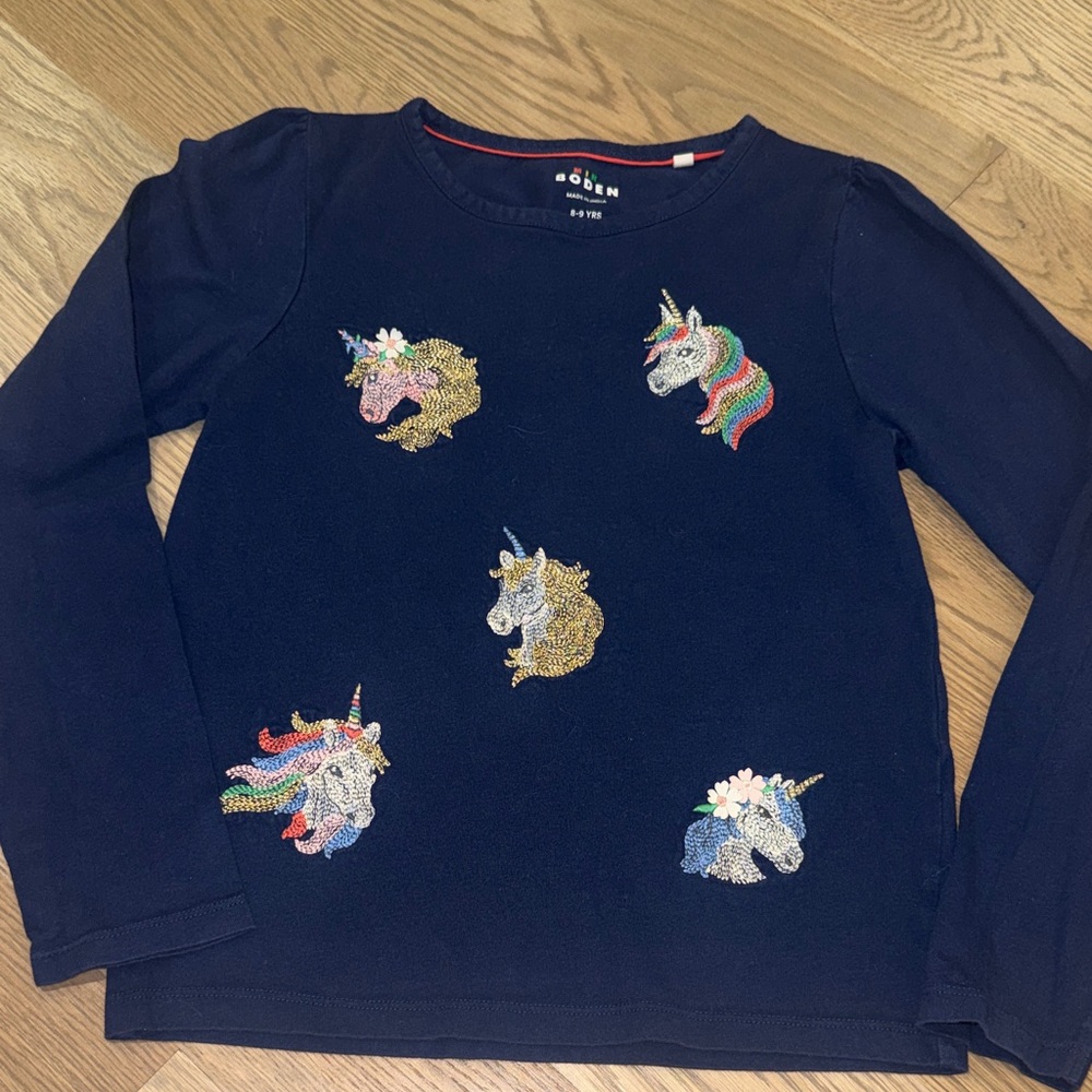 Mini Boden Embroidered Unicorn Long Sleeve Tee